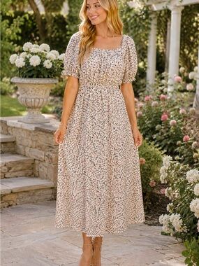 In February Cream Floral Puff Sleeve Midi Dress NWT | Size L